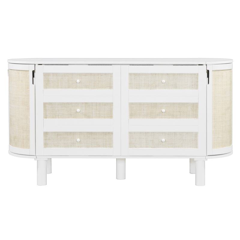Full Murphy Bed with Handwoven Rattan Drawers and Storage Cabinets, Rustic-Modern Foldable Wall Bed for Home Office or Studio