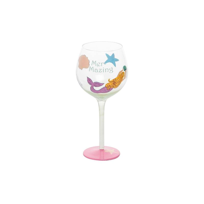 Happy Mermaid Painted Wine Glass Drinkware Gift Coastal Nautical Ocean Beach Sea Life 4.6 x 4.6 x 8.7