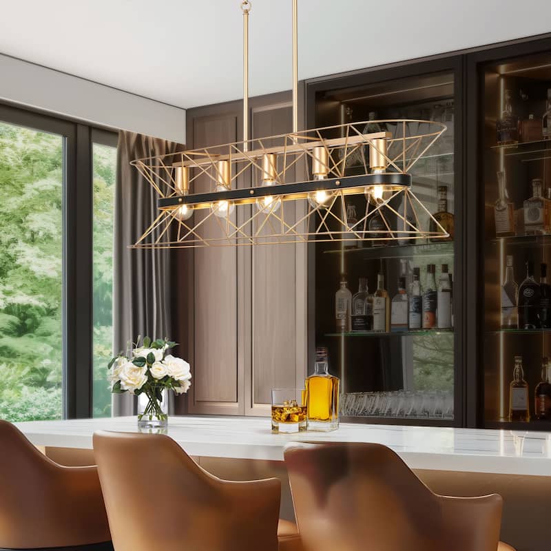 Modern Black Gold 5-Light Chandeliers Geometric Pendant Light Fixtures for Dining Room - 39.4 " × 10 " × 9.6 "
