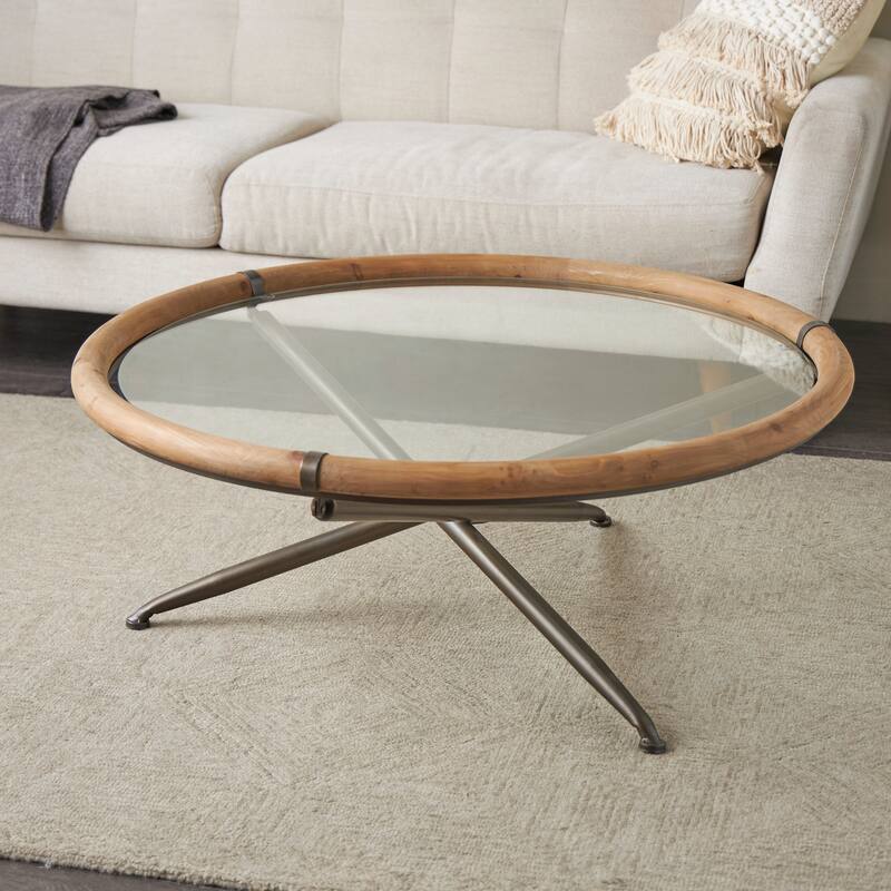 Brass Metal Round Living Room Coffee Table with Brown Wooden Framed Glass Tabletop - Brass