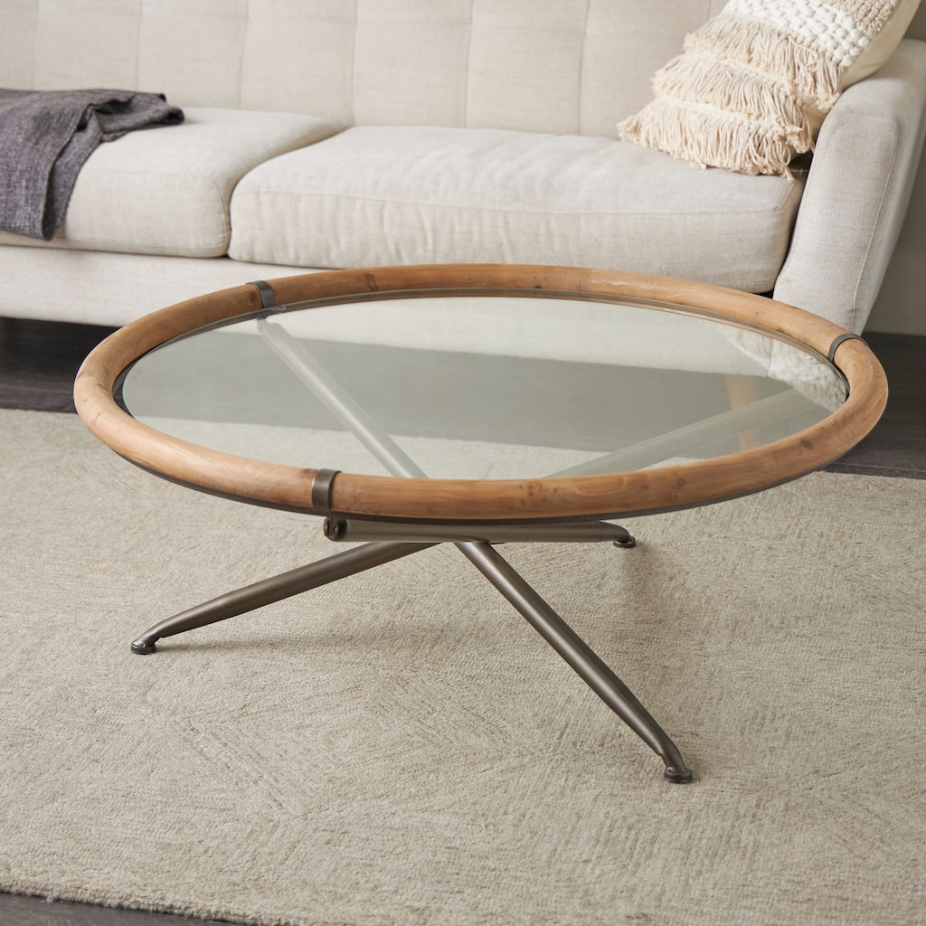 Brass Metal Round Living Room Coffee Table with Brown Wooden Framed Glass Tabletop