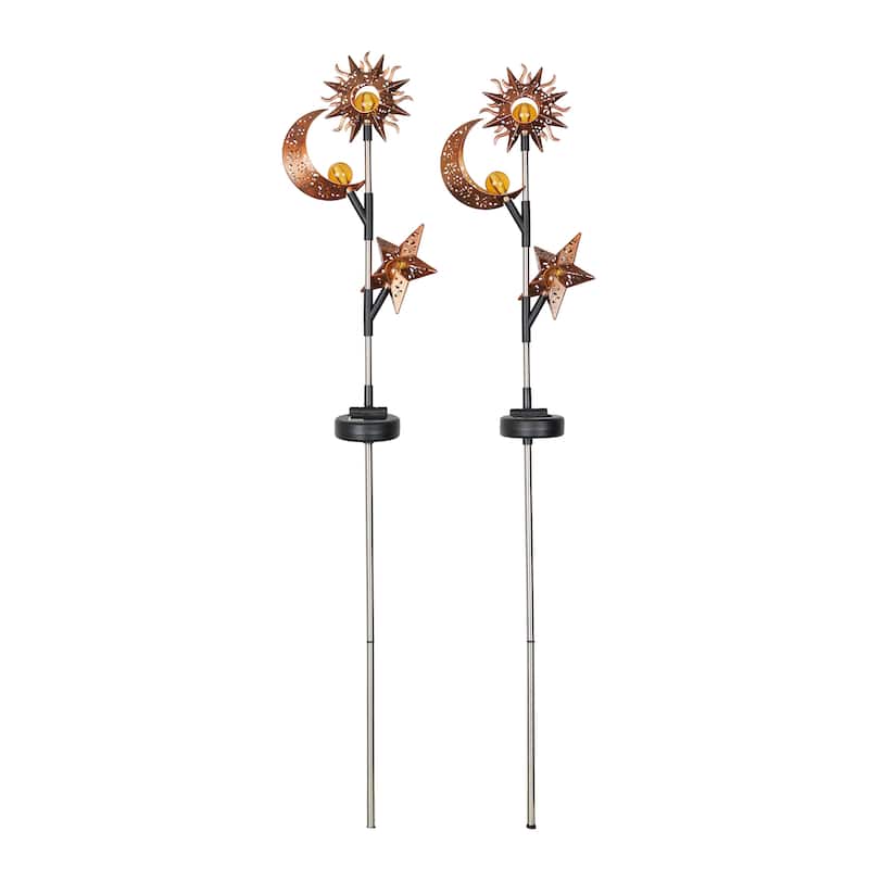 Alpine Corporation SBY100SLR-2 Celestial Solar LED Stake, Sun, Moon, and Star Pathway Lighting for Walkway, 38"H, Black Set of 2