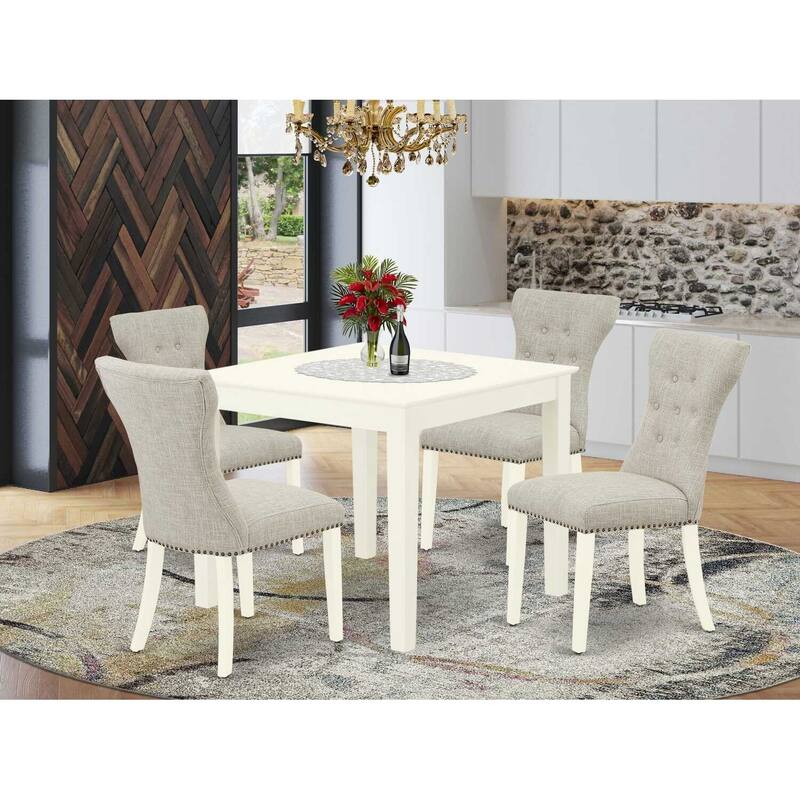 5-Piece Linen White Finish Solid Wood Top - Dining Room Set with High Back - Seats 4