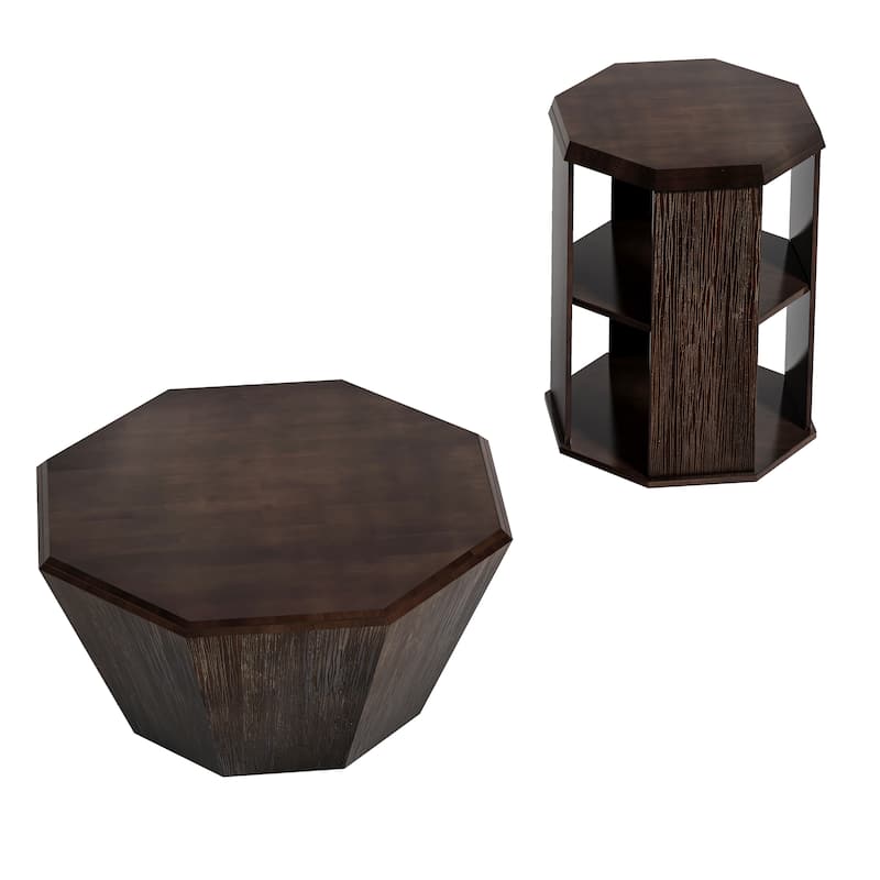 31.5" Octagonal Rubber wood Coffee Tables (Set of 2 Pieces)