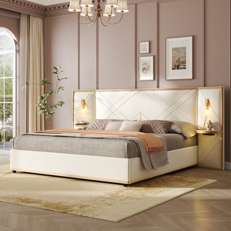 Christopher Knight Home - Voss Velvet Upholstered Bed with 2 Built-in LED Lights and 2 Storage Side Panels - Beige - Queen