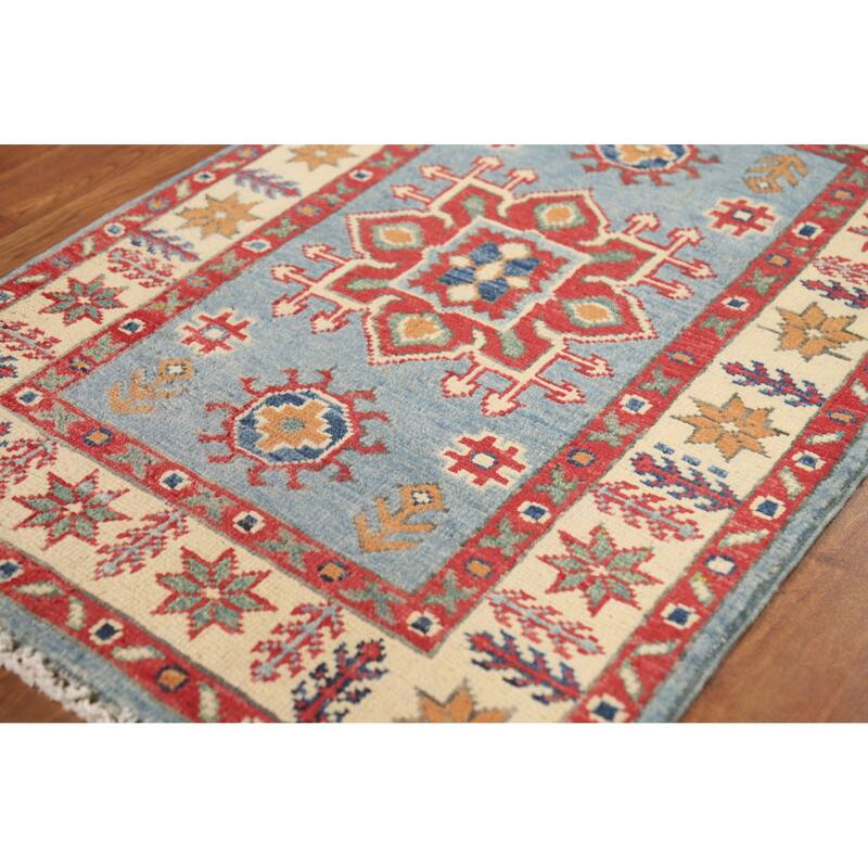 Light Blue Kazak Oriental Rug Hand-Knotted Wool Carpet - 2'0"x 3'0"