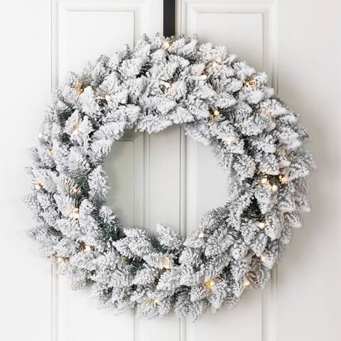 Glitzhome Pre-Lit Snow Flocked Christmas Wreath with Warm White LED Light