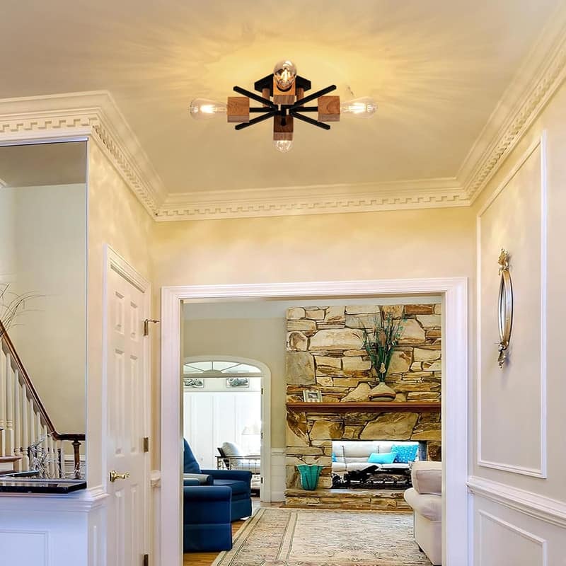 4 Light flush mount light black, wood ceiling light metal, wood light fixture - N/A