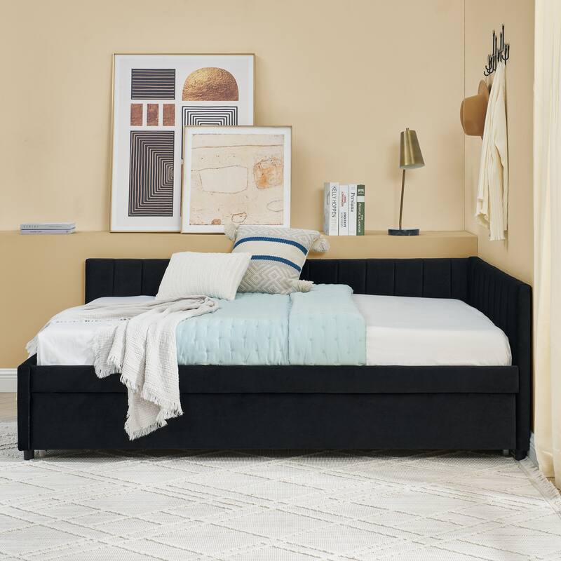 Full Size Daybed with Trundle Upholstered Tufted Sofa Bed - Black