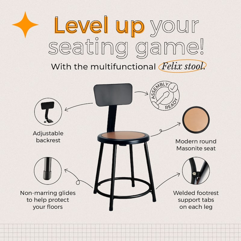 Hampden Furnishings Felix Collection Steel Stool with Backrest, AssemblyReady
