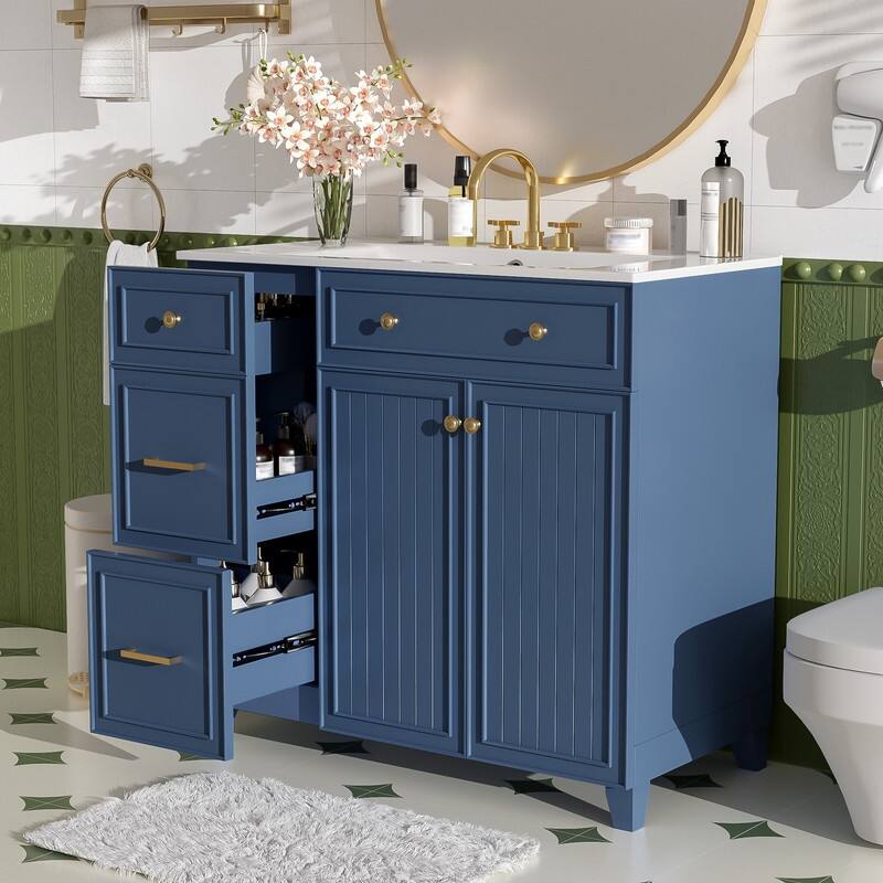 Transitional Style 36-inch Bathroom Vanity with Ceramic Sink, 2 Soft-Close Doors Freestanding Cabinet with 2 Drawers