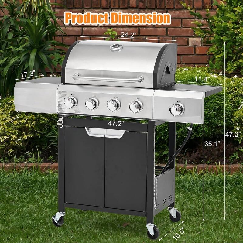 4-Burner Stainless Steel Propane Grill – Side Burner, 51K BTU, Outdoor/Camping/Backyard Barbecue – Black/Silver