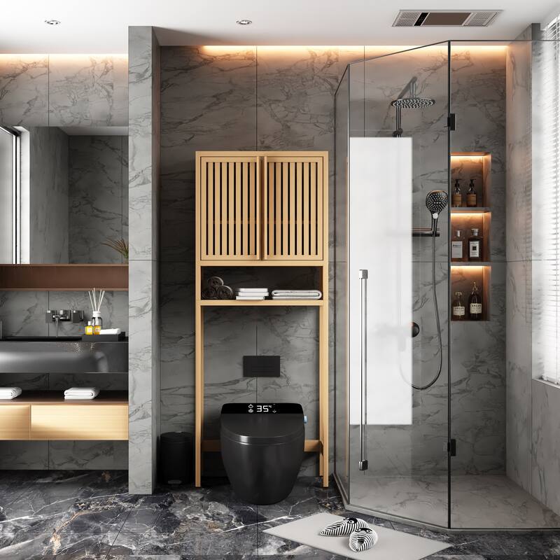 Over the Toilet Storage, 65" Tall Natural Bamboo Bathroom Shelf Organizer with 2 Door