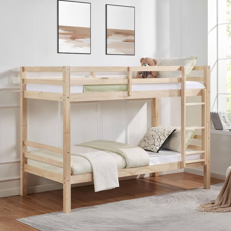 Twin Bunk Bed,Wooden,High Guardrail,Ladder,Kids Teens,Dorm Guest - Natural