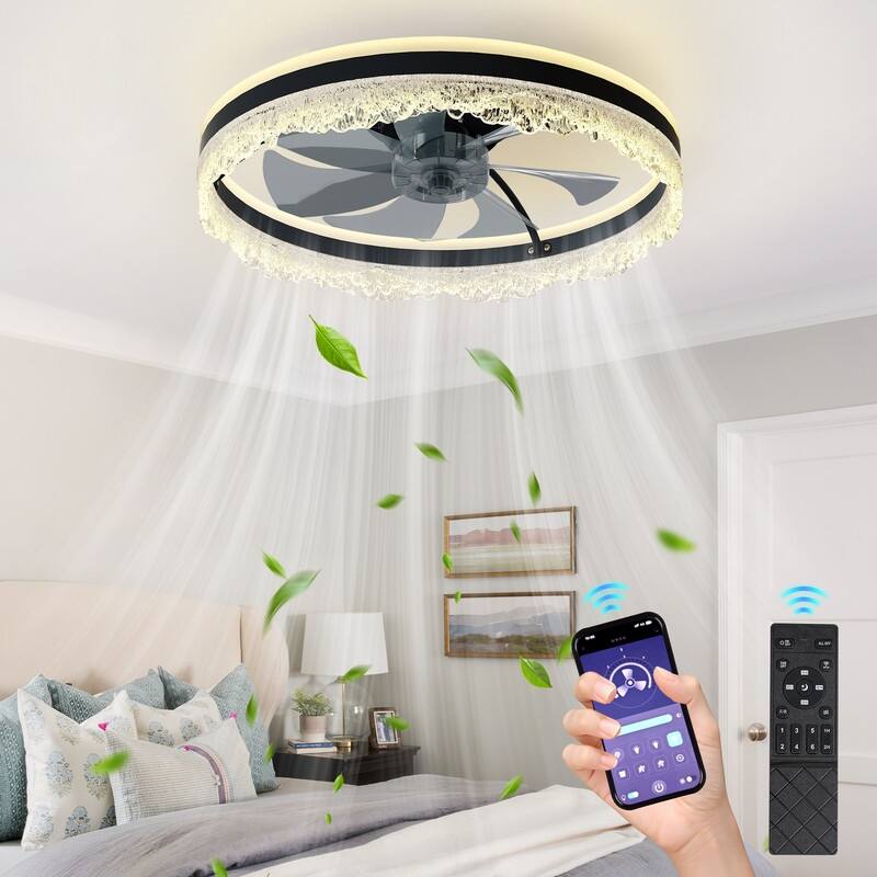 Smart Silent LED Ceiling Fan with Light Crystal Flush Mount, Hidden Blades