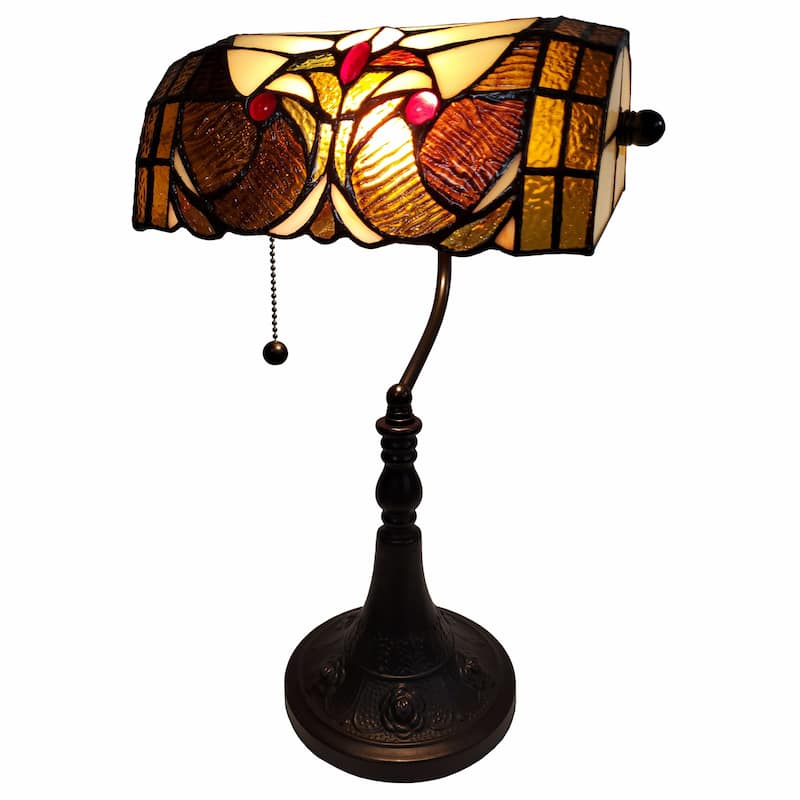 HomeRoots 16" Tiffany Style Brown and Orange Banker Desk Lamp - 13X19X11