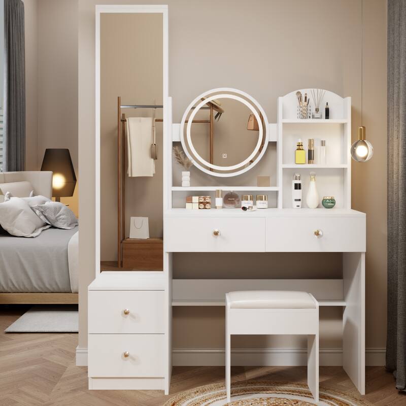 Adjustable LED Makeup Vanity with Round Mirror and Cushioned Stool - White