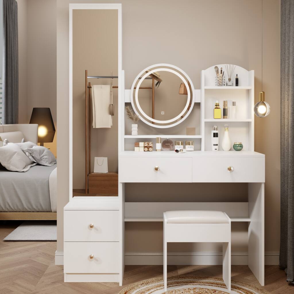 Makeup Vanity Full Body Mirror Cabinet + Round Mirror LED Vanity Table + Cushioned Stool, 17" diameter LED Mirror - 43.3*14.26