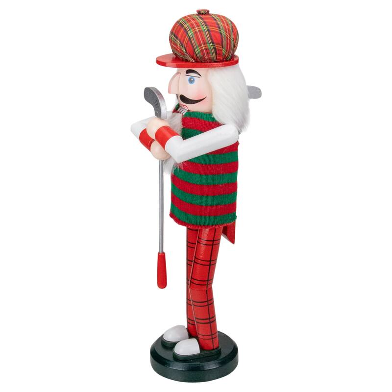 14" Red and Green Plaid Wooden Golfer Christmas Nutcracker