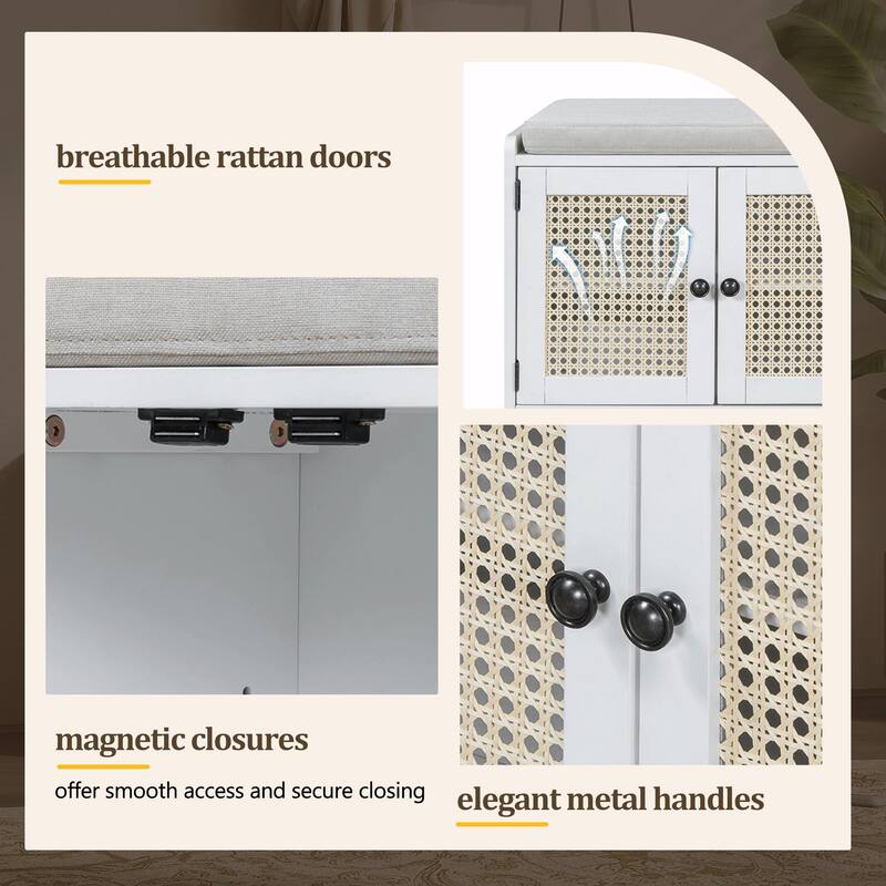 Rustic Storage Bench with Removable Cushion, Woven Rattan Doors & Adjustable Shelves