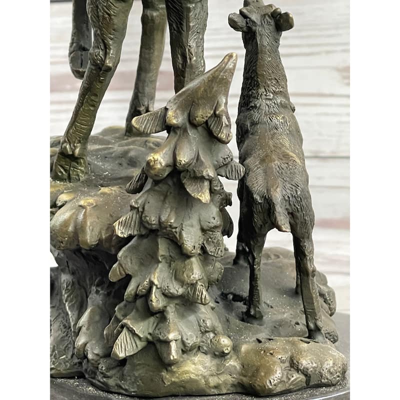 Signed Original Male Stag With His Baby Fawn Bronze Sculpture Marble Base Statue