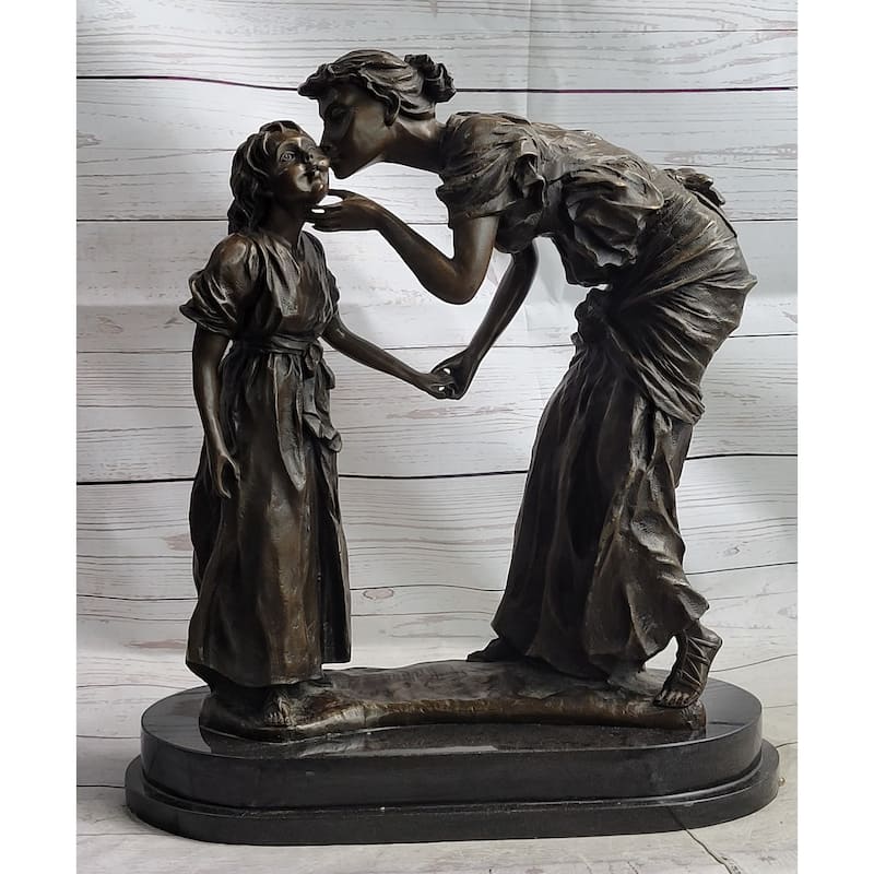 Mother Kissing Child Daughter Bronze Sculpture Statue Family Decor Signed Original Art