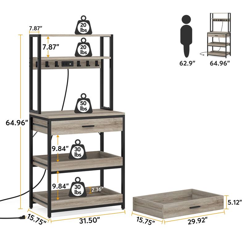 Kitchen Bakers Rack with Power Outlets, High Utility Storage Shelves Microwave Stand with Drawers