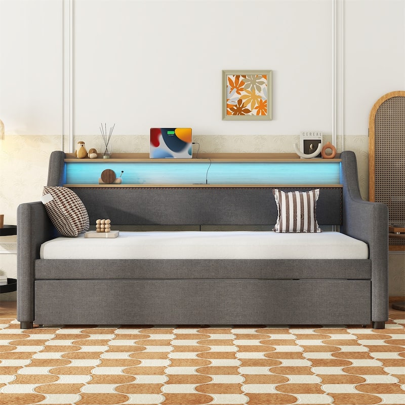 Modern Twin Size Upholstered Daybed with Trundle and Charging Station