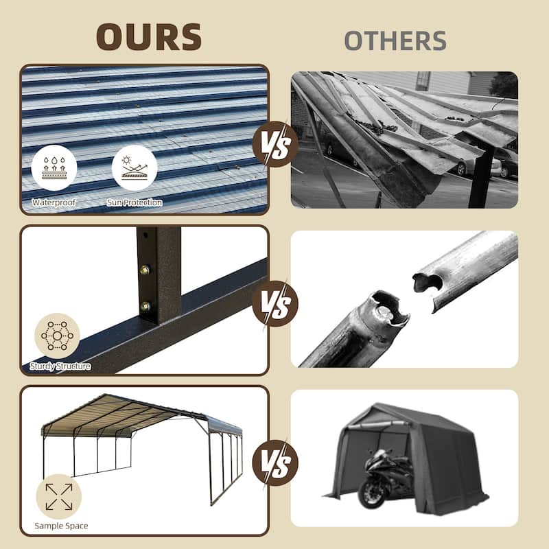 EROMMY Outdoor Carport with Galvanized Steel Roof, Heavy-Duty All-Weather Shelter for Cars, Boats and Equipment