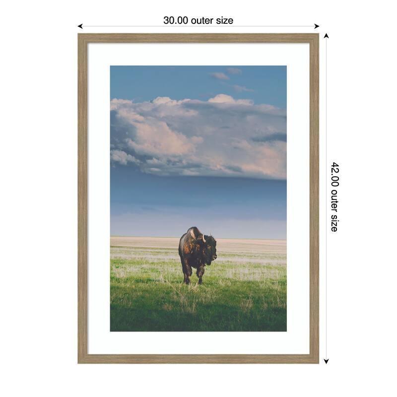 Sunlight Bison by Annie Bailey Art Wood Framed Wall Art Print - Woodgrain Stripe Mocha - 30 x 42 in