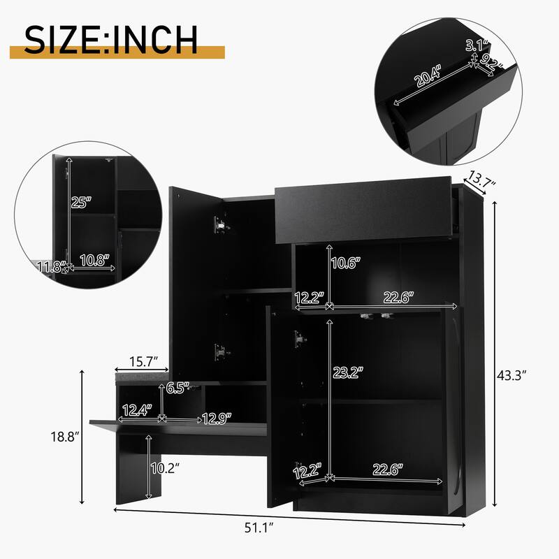 Elegant 2-in-1 Shoe Cabinets with Soft Cushion, Modern Storage Bench with Rebound Devices & Adjustable Shelves