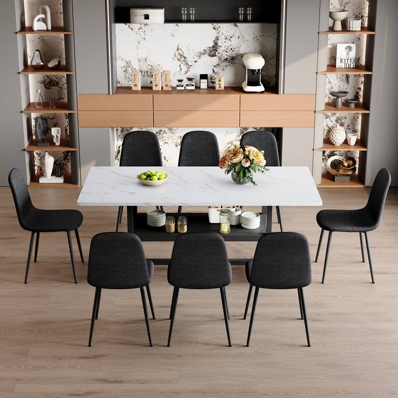 9-Piece Spliced Dining Table Set with Storage, 71x35.4 Inch Table & 8 High-Resilience Fabric Chairs