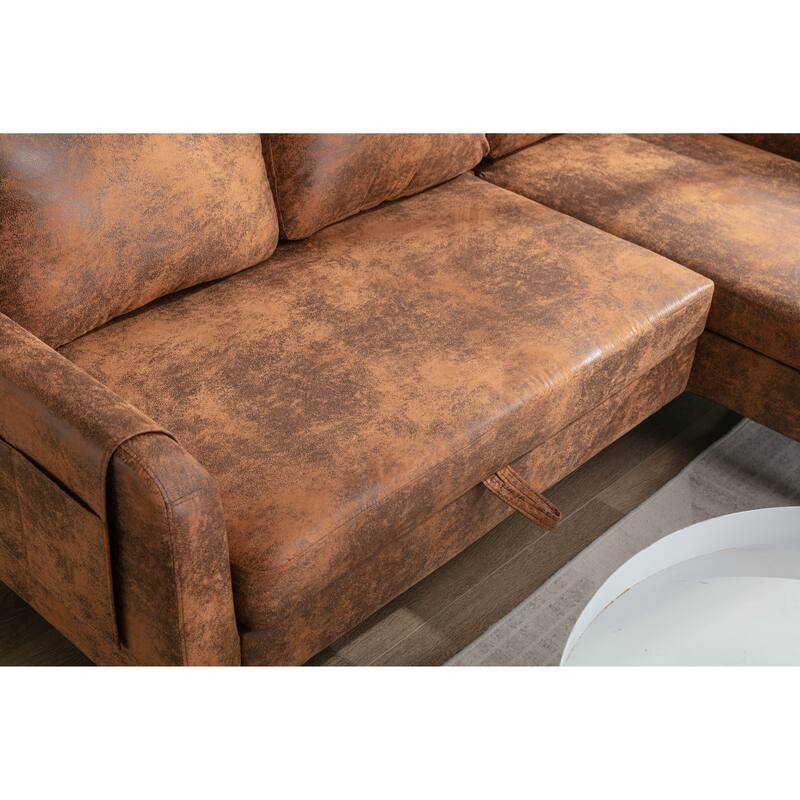 LShaped Pull Out Sleeper Sofa PU Leather Convertible Sectional Sofa