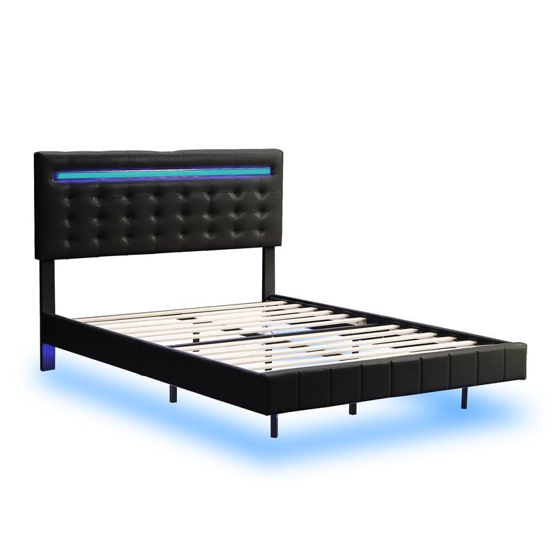 Floating Bed Frame with LED Lights and USB Charging Modern Upholstered Platform LED Bed Frame
