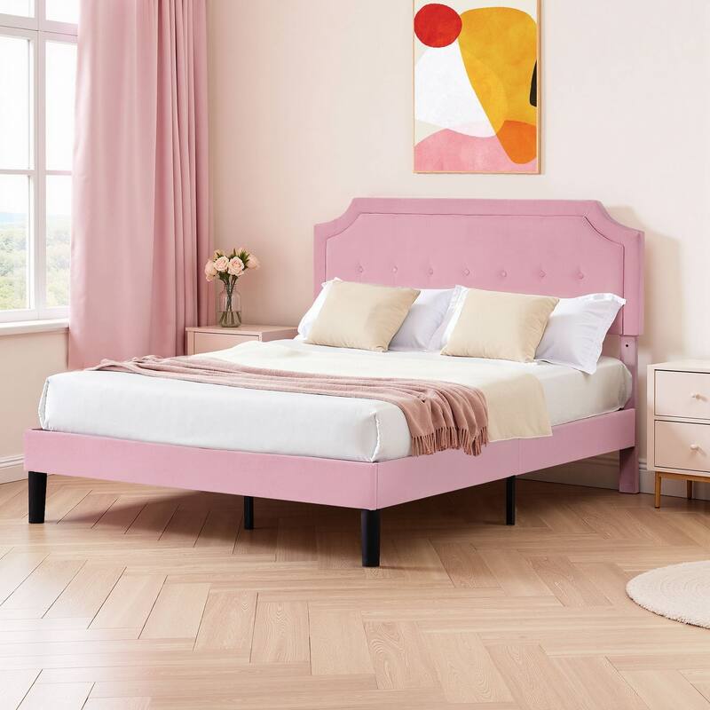 VECELO Adjustable Height Upholstered Platform Bed Button Tufted Headboard with Under Bed Storage No Box Spring Needed Bed Frame - Queen - Pink