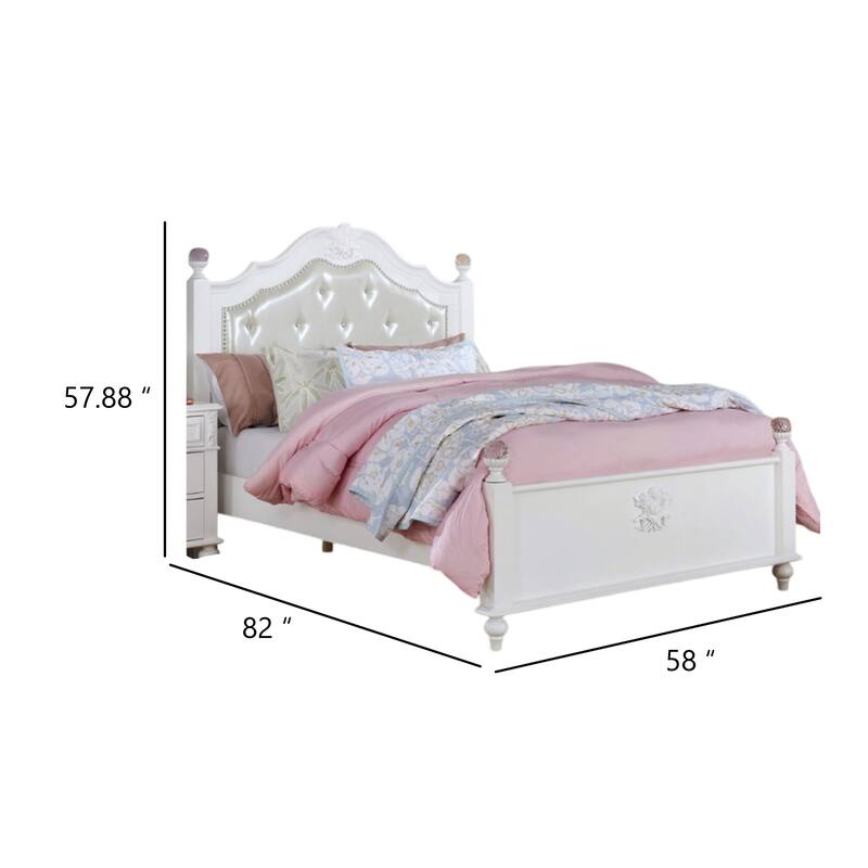 Bela Full Size Bed w Button Tufted Headboard, White Faux Leather