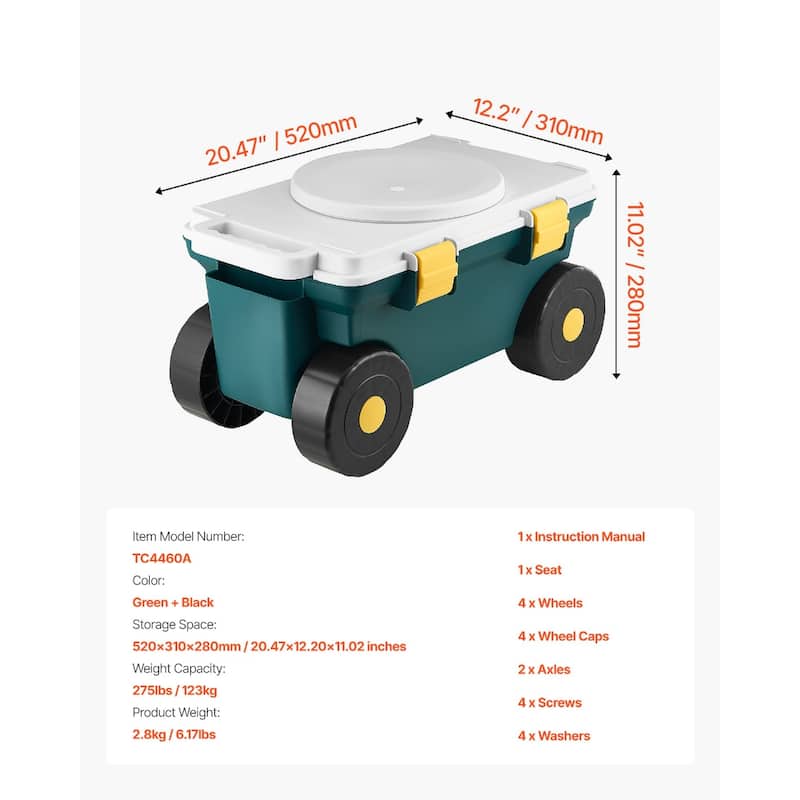 Grey and Green Plastic Rolling Garden Cart with 360 Seat and Storage Compartment - 20.47×12.20×11.02 inches