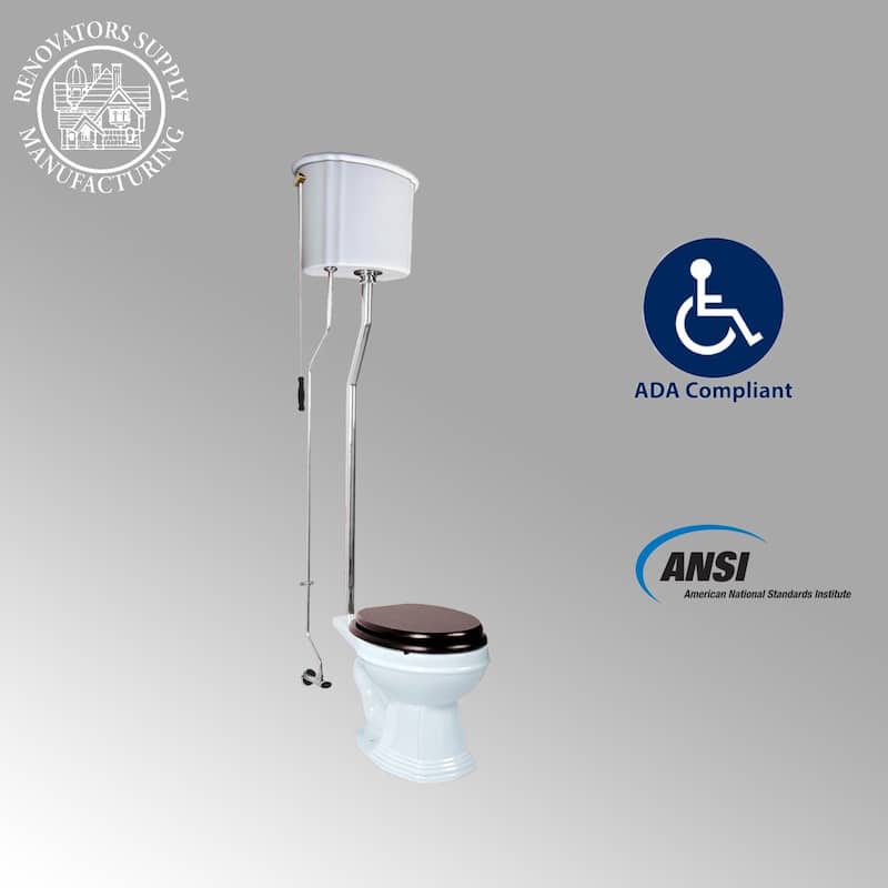 Aspen White Ceramic High Tank Pull Chain Toilet Elongated Rear Entry Bowl and Chrome L Pipes 74 to 78" Height