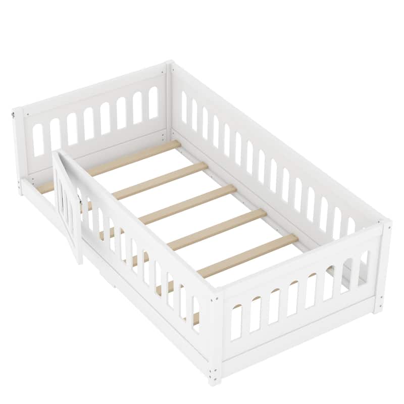 Solid Wood Montessori Floor Bed with Fence & Doors, Wood Slats Support