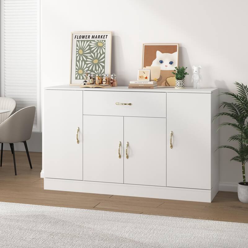 White Buffet Cabinet with Storage, 55" Kitchen Sideboard Buffet with Drawers & 4 Doors, Modern Coffee Bar Cabinet Credenza