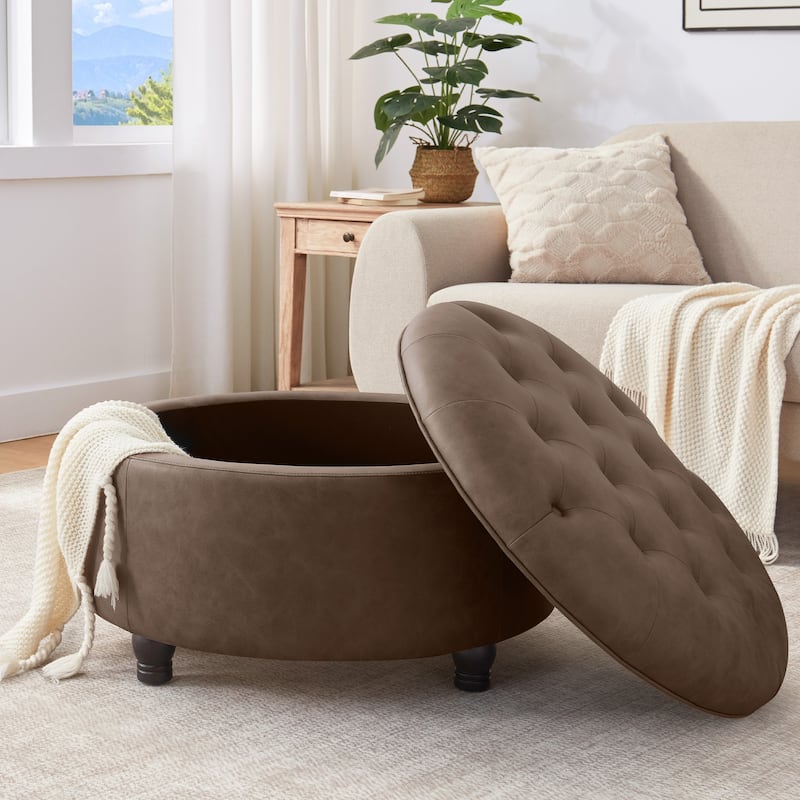 Tufted Round Storage Ottoman, Faux Leather