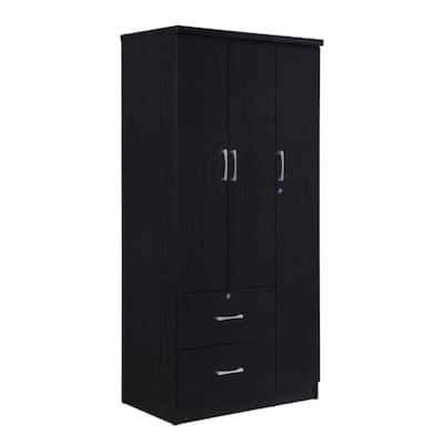 Hodedah Import 3 Door Armoire with Clothing Rod, Shelves, and 2 Drawers, Black - 187