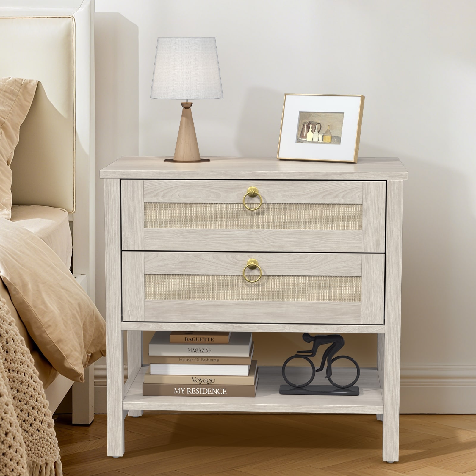 White Large Boho Nightstand with Rattan Drawer and Storage Shelf.