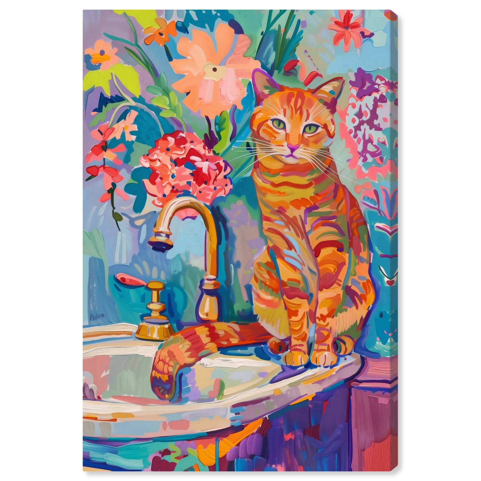 Colorful Sink Cat Canvas Jungle Bathroom Art by Art Remedy