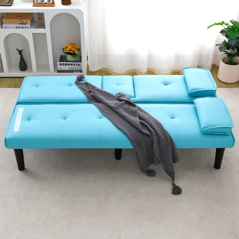 Convertible Loveseat Couch Adjustable Faux Leather Sleeper Sofa Bed with Coffee Table, Cup Holders and Removable Pillow Armrests - Blue