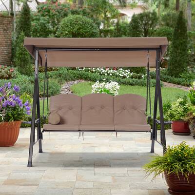 3 Persons Luxury Outdoor Porch Swing Chair With Cup Holders, Cushions