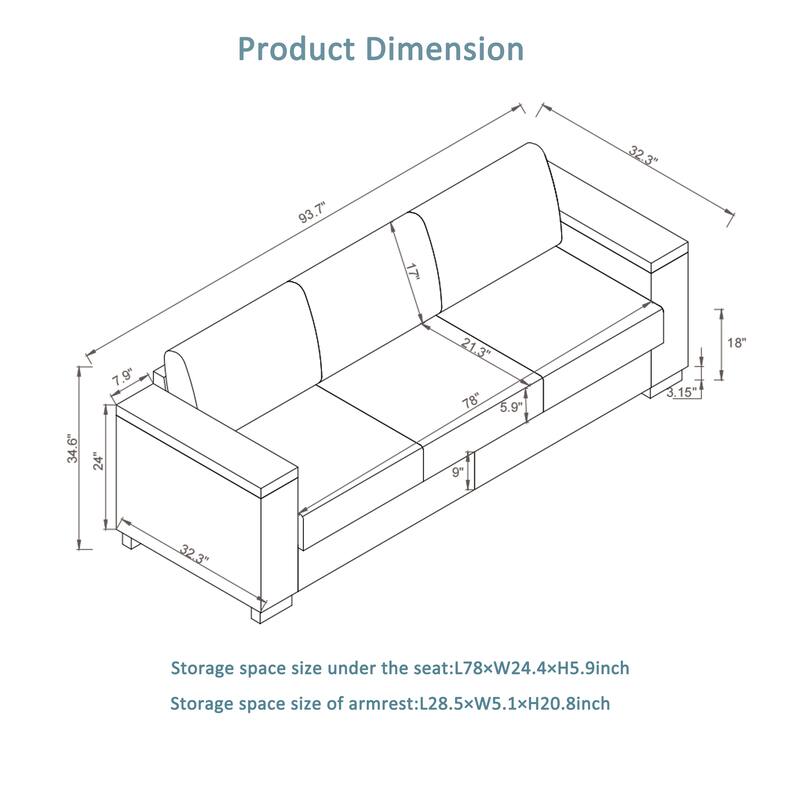 Fabric Upholstered 3 Seater Sofa, Lounge Sofa with Square Arm, Oversized Deep Seat Sofa with Storage & Cup Holders
