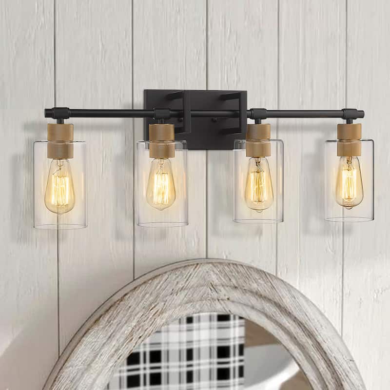 4-Light Bathroom Vanity Light ,Black and Antique Gold Finish with Clear Glass Shade - N/A