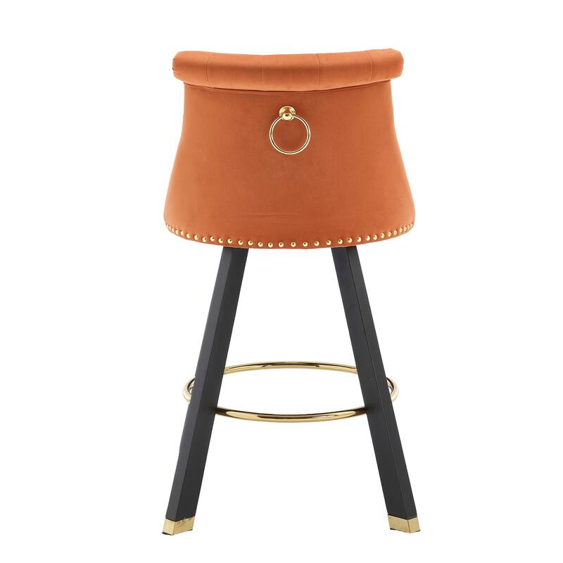 Versatile Velvet Tufted Bar Chairs Set of 2 Swivel Bar Stools with Back Pull Ring, Rivet Decoration and Wooden Square Foot