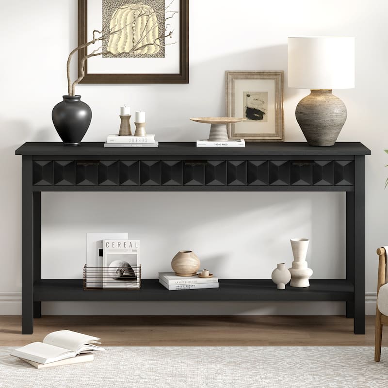 Modern 60" Console Table with 3 Drawers Honeycomb Design for Study Entryway Hallway - Black